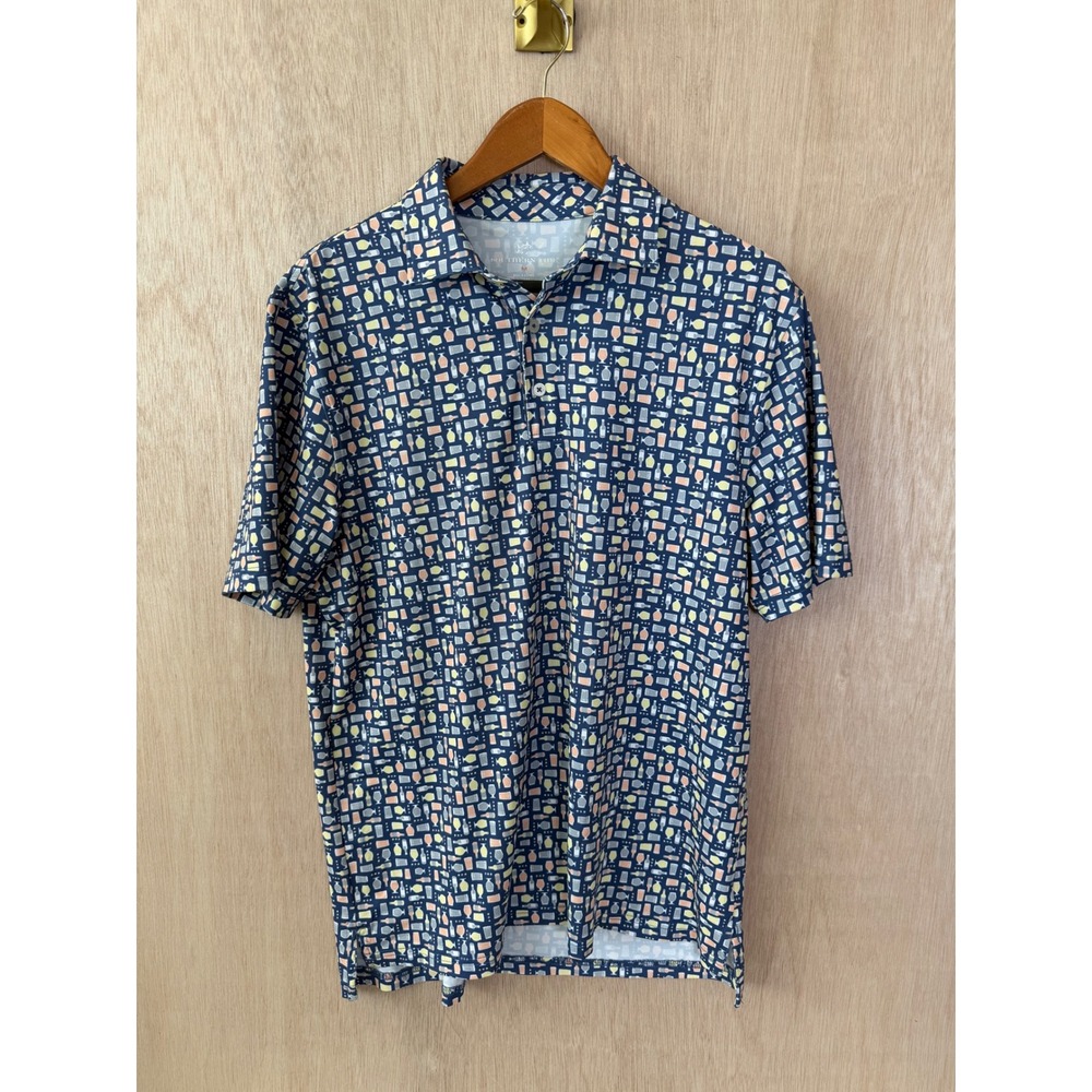 Southern Tide Mens Medium Navy Blue Glassware Print Performance Golf Polo Shirt